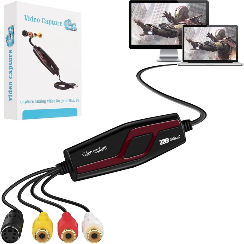 DigitPro Video Capture Card USB 2.0, RCA to USB Video Capture Device, Digital Video Converter to Save Digital Files for Your Mac OS X Windows 7 8 10 PC, One Touch VCR TV to DVD, Black - Image 1